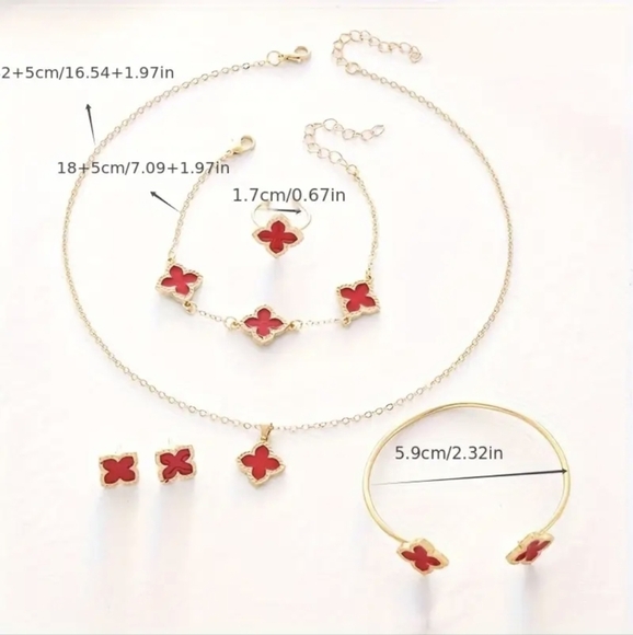 Red Clover Motifs Set of Bracelet Earrings Ring & Necklace - Picture 2 of 2